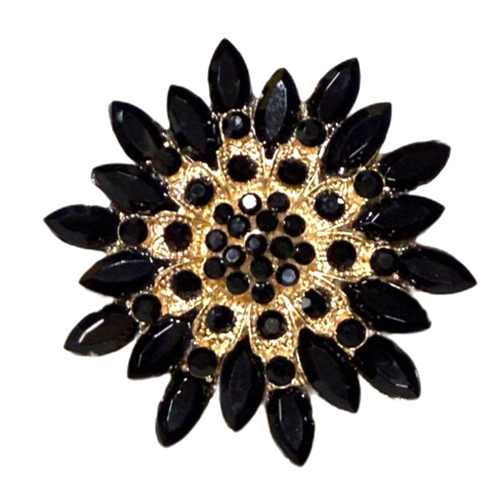 NWT Large Black Rhinestone Flower Statement Ring Adjustable Gold Tone Cocktail R